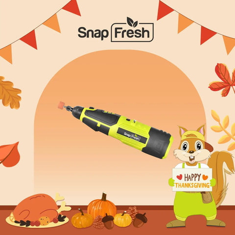 12V Cordless Rotary Tool Kit With Flex Shaft And 7 Variable Speeds displayed with Thanksgiving decorations and a festive background.