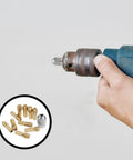 Hand holding drill with Pro Grade Quick Change Drill Chuck Reducer Adapter for Cordless rotary tools, copper collets shown inset.