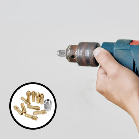 Hand holding drill with Pro Grade Quick Change Drill Chuck Reducer Adapter for Cordless rotary tools, copper collets shown inset.