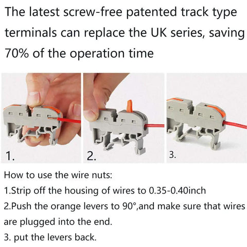 Plug In DIN Rail Terminal Blocks For Easy Screwless Wire Insertion Universal Compact Connector Set, steps to install wire nuts shown