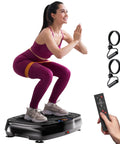 Woman exercising on Vibration Plate Exercise Machine For Home Fitness with Full Body Vibration, remote and resistance bands visible