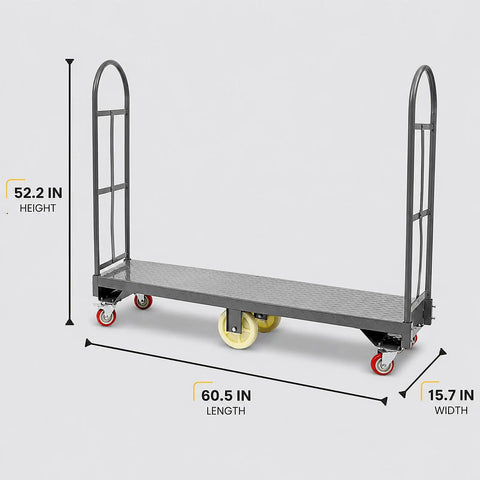 Hella Sturdy Platform Truck With 2000 Pound Capacity And Smooth Six Wheel Rolling Durable Steel Deck Material Handling Cart, dimensions shown.