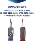 Fifteen Pack Type CC Vacuum Bags For Oreck XL Upright Vacuums, showing compatible models list with two upright vacuums.