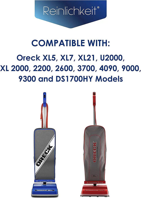 Fifteen Pack Type CC Vacuum Bags For Oreck XL Upright Vacuums, showing compatible models list with two upright vacuums.