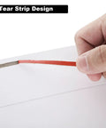 Close-up of tear strip on 50 Pack 11x14 Inch Rigid Cardboard Mailers Stay Flat White Self Seal Photo Envelopes for easy opening.
