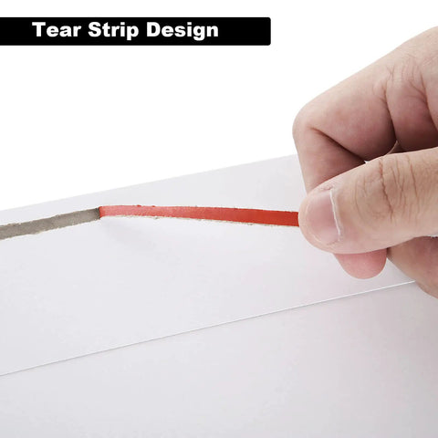 Close-up of tear strip on 50 Pack 11x14 Inch Rigid Cardboard Mailers Stay Flat White Self Seal Photo Envelopes for easy opening.