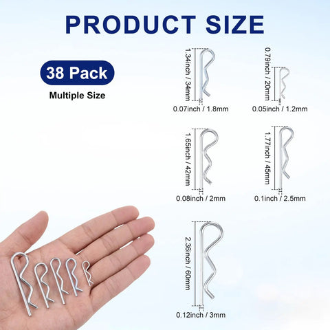 Five Size Cotter Pins R Clips Kit For Trailers Lawn Mowers Trucks ATVs And More With Spring Steel Hitch Pins Clamps And Fasteners Silver Universal Fit Multipurpose Trailer Gear For DIYers And Pros, 38 pack sizes