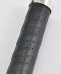Close-up of black Grippy Leather Double Lock On Bike Grips 22.2mm for mountain and road bikes showing texture and aluminum clamp.