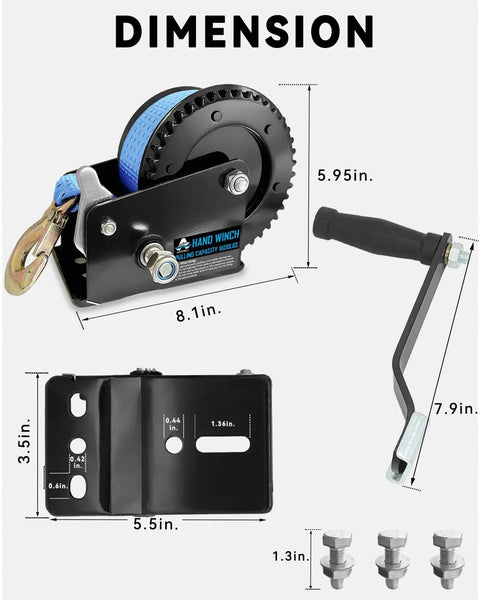 Dimensions of Heavy Duty Boat Trailer Winch 1600Lbs With 26ft Strap, handle and steel components shown