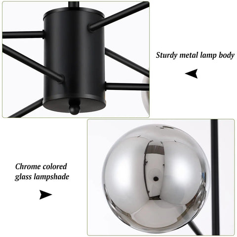Close-up of metal body and chrome glass shade of Six Light Black Glass Globe Sputnik Chandelier For Dining Room And Living Room, Modern Hanging Pendant With G9 Socket, Bulbs Not Included, Dimmable With Dimmer, Stylish Kitchen And Bedroom Lighting Totally Elevates Any Space.