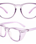 Slick Anti Fog Safety Goggles With Clear Polycarbonate Lenses And Blue Light Blocking Coating That Shields Your Vision From Digital Strain Without The Hassle For Men And Women In Sleek Transparent Purple, front and side view.