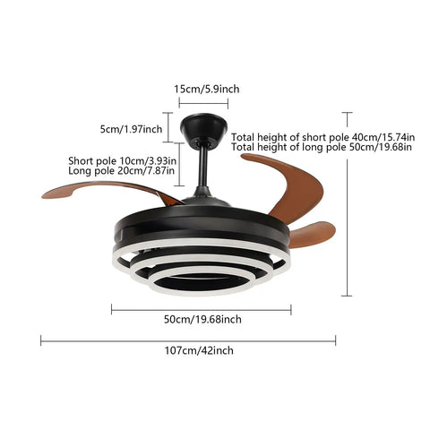 42 Inch Ceiling Fan with Light for Living Room, Bedroom, Remote Control showing dimensions and design details with light rings and wooden blades.