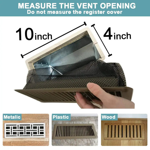 Demonstration of Floor Vent Trap Mesh Covers For 4x10 Floor Registers Pack Of 5 Debris Catchers with dimensions and materials.