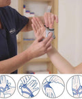 A person fitting a Rhizo Forte Thumb Brace For Right Hand Gray Large on a patient’s hand, showing adjustable aluminum core details.