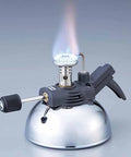 Slick Little Mini Tabletop Butane Burner With Aluminum Rack For Siphon Coffee, Lab Bunsen Style Stove, silver base, blue flame.