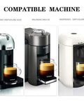 Images showing Nespresso VertuoLine GCA1, Delonghi ENV135, Vertuo Plus machines with coffee brewed using Reusable Stainless Steel Coffee Capsule Filter And Pod Holder For VertuoLine GCA1 Plus And Vertuo Plus Series Save Cash On Every Brew Compatible With ENV 135 150 Eco Friendly Brew 240ml Capacity With Cleaning Brush Included.