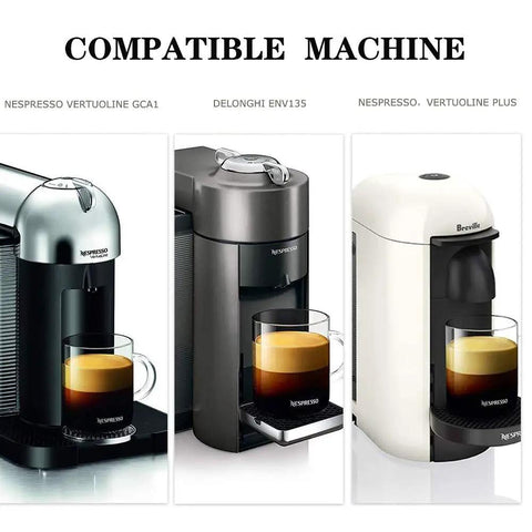 Images showing Nespresso VertuoLine GCA1, Delonghi ENV135, Vertuo Plus machines with coffee brewed using Reusable Stainless Steel Coffee Capsule Filter And Pod Holder For VertuoLine GCA1 Plus And Vertuo Plus Series Save Cash On Every Brew Compatible With ENV 135 150 Eco Friendly Brew 240ml Capacity With Cleaning Brush Included.