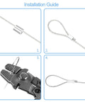 Wire Rope Crimping Tool Kit With One Sixteenth Inch Stainless Steel Cable, 165 Feet Of 7x7 Strand Core, Heavy Duty Pliers, 100 Aluminum Ferrule Crimp Sleeves, Loop Stops, And Cable Cutter, All In One Set installation guide showing crimping process.