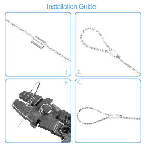 Wire Rope Crimping Tool Kit With One Sixteenth Inch Stainless Steel Cable, 165 Feet Of 7x7 Strand Core, Heavy Duty Pliers, 100 Aluminum Ferrule Crimp Sleeves, Loop Stops, And Cable Cutter, All In One Set installation guide showing crimping process.