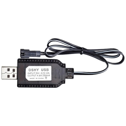 USB RC Battery Charger For 4.8V RC Cars With Indicator Light, black rectangular design with connecting cable visible