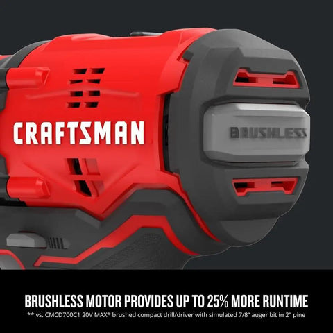 Close-up of V20 Cordless Drill and Driver Kit Half-Inch Brushless Motor with branding visible