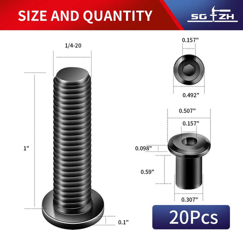 20 Piece 1/4 20 X 1 Inch Flat Head Hex Socket Cap Screws Bolts Kit 304 Stainless Steel dimensions and quantities displayed.