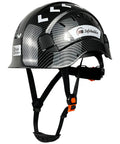 Hard Core Ansi Certified Abs Construction Hard Hat With Quick Airflow Ventilation And Rock Solid Six Point Suspension, black helmet with straps and vents.