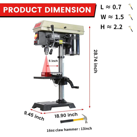 10 Inch Drill Press With 6.2 Amp Induction Motor Three Quarter Horsepower Benchtop Drill Press Five Speed LED Work Light Two Inch Spindle Travel One Half Inch Keyed Chuck 120 Volt Thirty Inch Total Height Perfect For Quick Light Duty Projects with product dimensions.