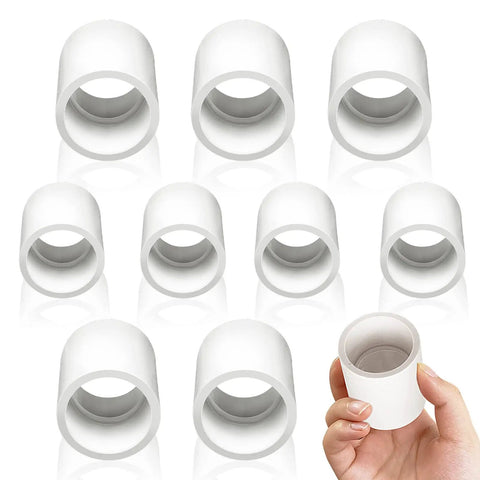 Ten Pack One Half Inch PVC Coupling Socket To Socket Slip Fitting Adapter Connector Sch40 White shown in hand
