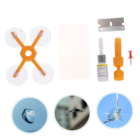 Car Windshield Crack Repair Kit For Quick Chip Fix And Auto Glass Restoration DIY Windshield Repair Tool with suction pads and resin.
