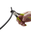 Heavy Duty Cable Cutters Forged In Hardened Carbon Steel Wire Cutter using non-skid grip on black cable.