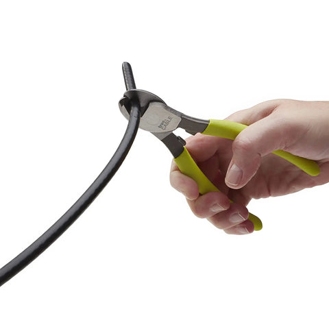 Heavy Duty Cable Cutters Forged In Hardened Carbon Steel Wire Cutter using non-skid grip on black cable.