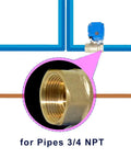 Diagram showing Leak Detector With Auto Shutoff Valve And Loud Alarm, Three-Quarter Inch NPT Fittings for Flood Prevention.