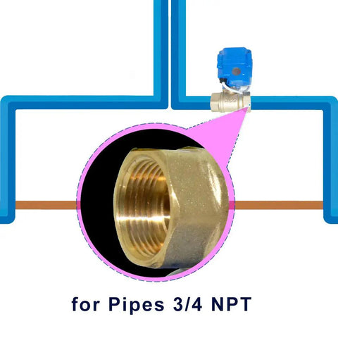 Diagram showing Leak Detector With Auto Shutoff Valve And Loud Alarm, Three-Quarter Inch NPT Fittings for Flood Prevention.