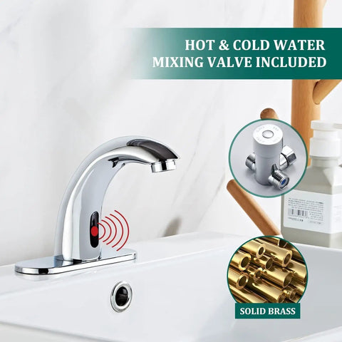 Chrome Touchless Bathroom Sink Faucet With Motion Sensor for 1 or 3 Hole Installations, dual power, in a commercial restroom setting.