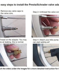 Four steps to use Valve Adapter Set For Presta To Schrader, Universal Fit For Bikes And EScooters, Brass Adapters With Case.