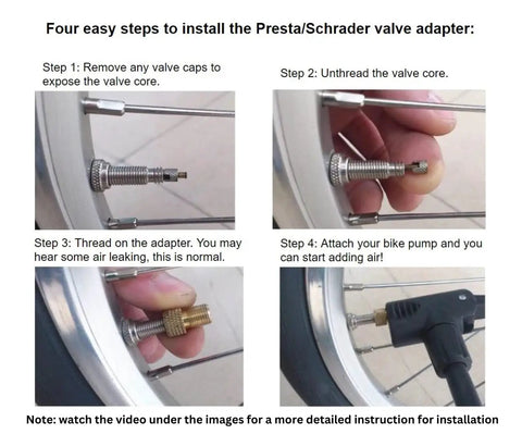 Four steps to use Valve Adapter Set For Presta To Schrader, Universal Fit For Bikes And EScooters, Brass Adapters With Case.