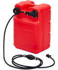 Red Six Gallon Marine Fuel Transfer Tank with 9.8 ft hose, built-in gauge, I-shaped handle, and leakproof cap for boats