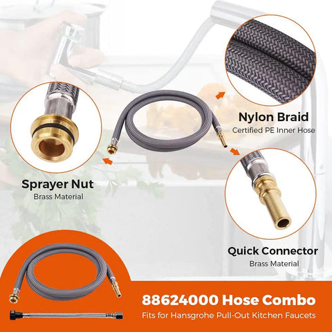 Beefy Pull-Out Hose Replacement For Kitchen Faucets With Brass Connectors, showing nylon braid and brass fittings