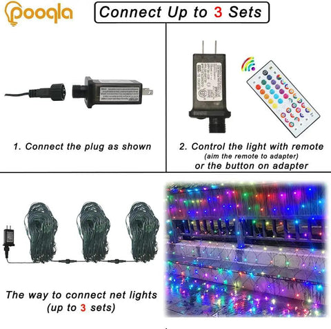 Color Changing Christmas Net Lights RGB 204 LED Mesh For Outdoor Decor guide with plug, remote, and connected lights display