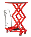 Premium Garvee Double Scissor Hydraulic Lift Table Cart, 330 Lbs Capacity, Red, with raised scissor design for material handling.