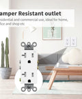 Heavy Duty Decorator Receptacle Outlet 20 Amp 125 Volt Tamper Resistant Grounding UL Listed White shown in room setting