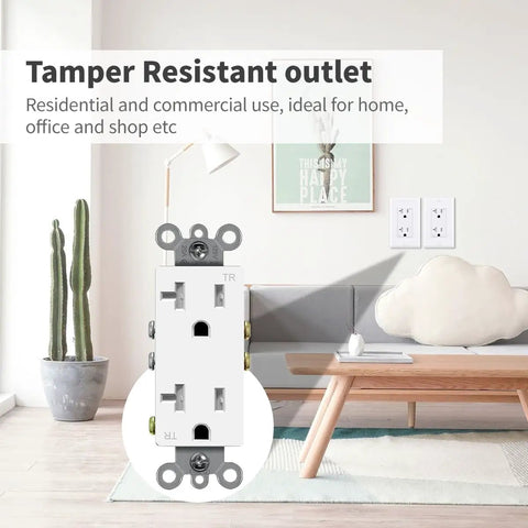 Heavy Duty Decorator Receptacle Outlet 20 Amp 125 Volt Tamper Resistant Grounding UL Listed White shown in room setting