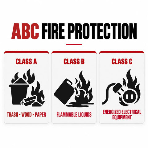 ABC Fire Protection signs showing Class A, B, and C fire hazards, relevant for Workhorse 5 Lb Abc Dry Chemical Fire Extinguisher 2 Pack.