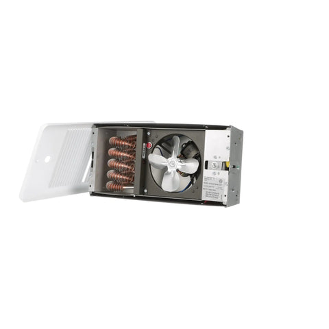 Low Profile Wall Heater Without Thermostat 4300 Series internals with fan and dual coil, white exterior, powder coated steel.