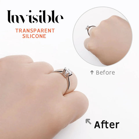 Invisible Silicone Ring Size Adjusters Kit With Four Size Options, 12 Pack, clear silicone guard installed on ring