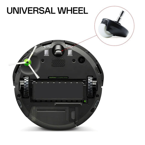 Roomba front wheel caster assembly underside view; universal omni-directional wheel for Roomba 500–900 series