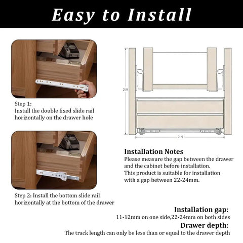 Easy installation guide for Heavy Duty Bottom Mount Drawer Slides For Furniture with measurement details and installation steps.