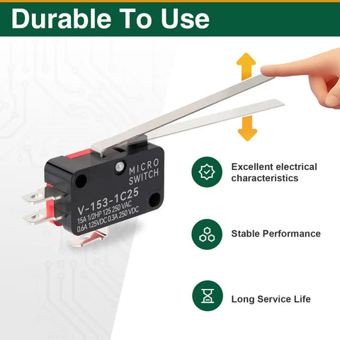 Heavy Duty Micro Limit Switch With Long Hinge Lever SPDT 1NO 1NC 15A 125 To 250VAC V-153-1C25, front view with hand.