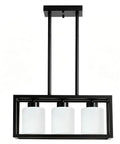 ROCUNSI 3-Light Black Kitchen Island Lighting fixture with three white glass shades and adjustable height design.